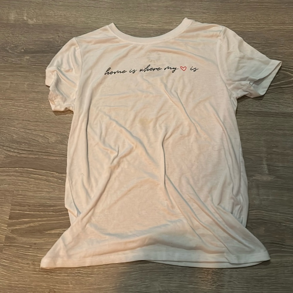 White “home is where the heart is” t-shirt
